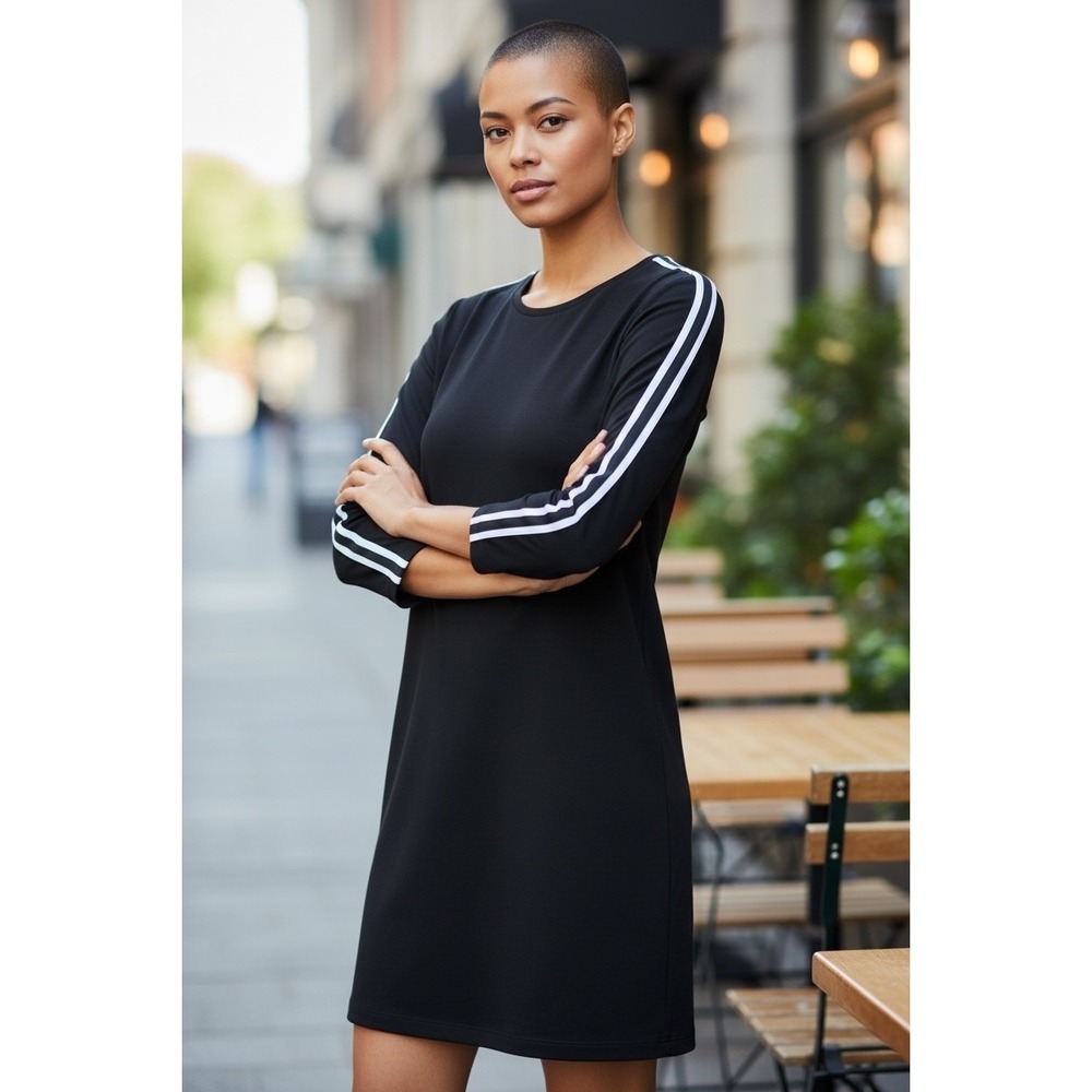 Banana Republic Black LS Shift Dress Textured Stripe Business Dark Academic‎ 4
